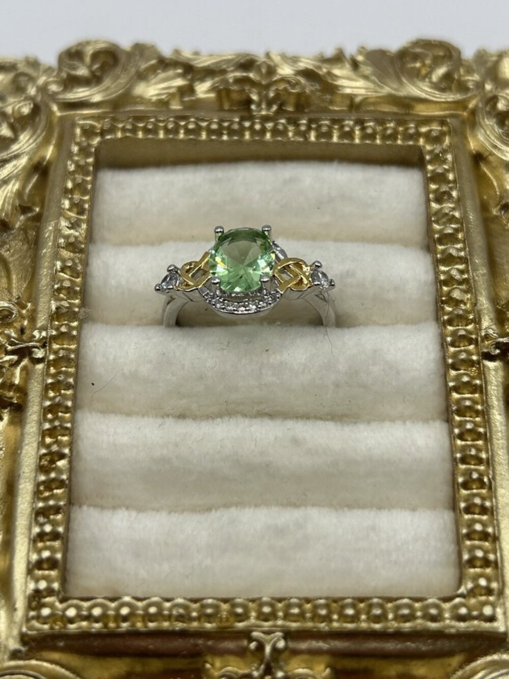 Sterling Silver Ring S925 Green Oval Gemstone w/ Gold Accents & CZ Halo Sz 7 - Picture 3 of 13